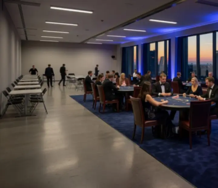 Porównanie przestrzeni eventowej przed i po scenograficznej metamorfozie w stylu Casino Experience
