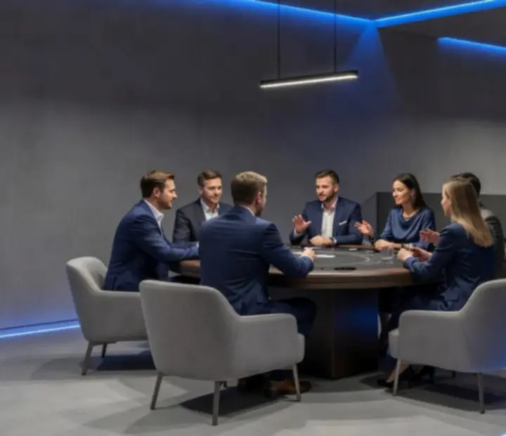 Lounge kartowy ze stołem do blackjacka i strefą rozmów