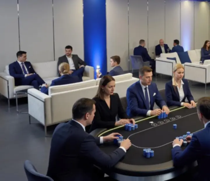 Futurystyczna realizacja Casino Night z pokerowymi stołami, ruletką, blackjackiem i sceną w nowoczesnej przestrzeni eventowej