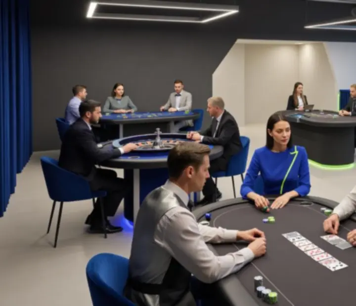 Casino Night w nowoczesnej przestrzeni eventowej w Warszawie – poker tables, ruletka, blackjack i card lounge w minimalistycznej scenografii.