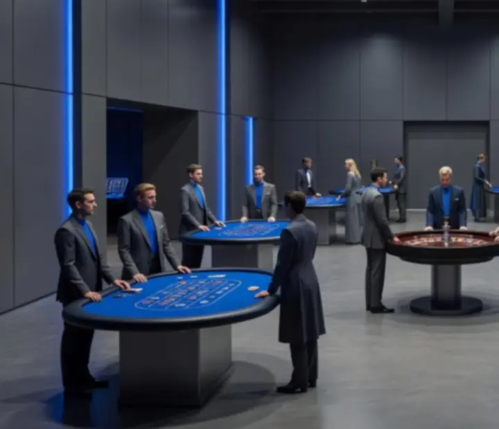 Casino Night w minimalistycznej przestrzeni eventowej z fizycznymi stołami do pokera, ruletki i blackjacka