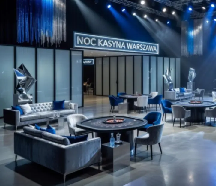 Transformacja scenografii eventowej z minimalistycznej przestrzeni w futurystyczny event z motywami casino.