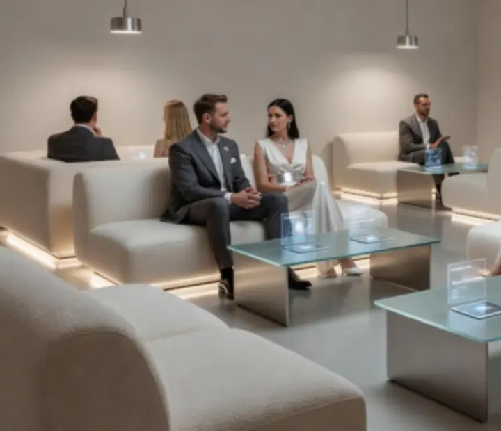 Elegancka strefa lounge i networkingu z nowoczesnymi meblami i subtelną estetyką card roomu