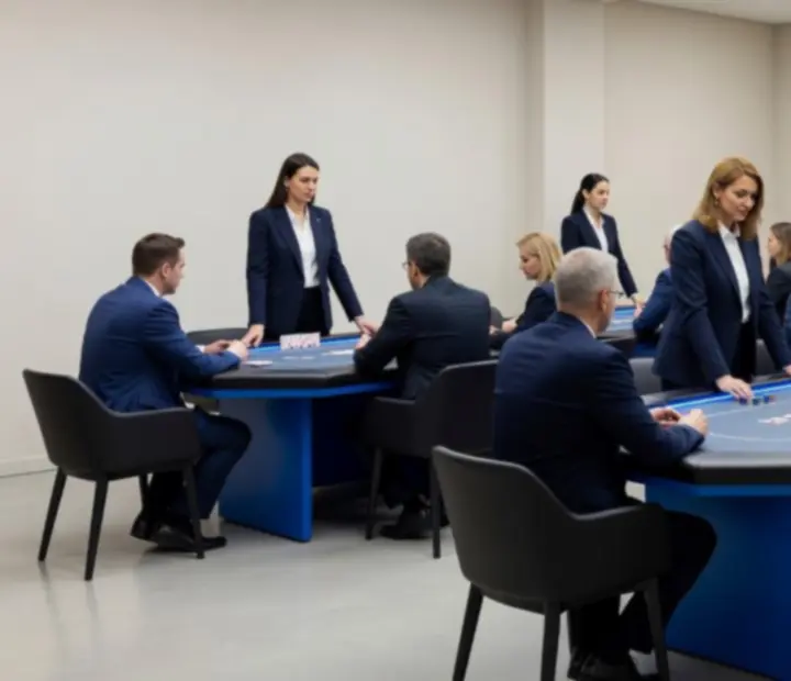 Firmowy wieczór pokerowy z Texas Hold'em, stołami pokerowymi i gośćmi w atmosferze salonu.