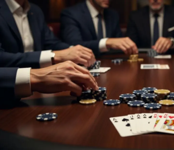 Zbliżenie na stół pokerowy podczas eventu z kartami i żetonami w eleganckiej scenerii