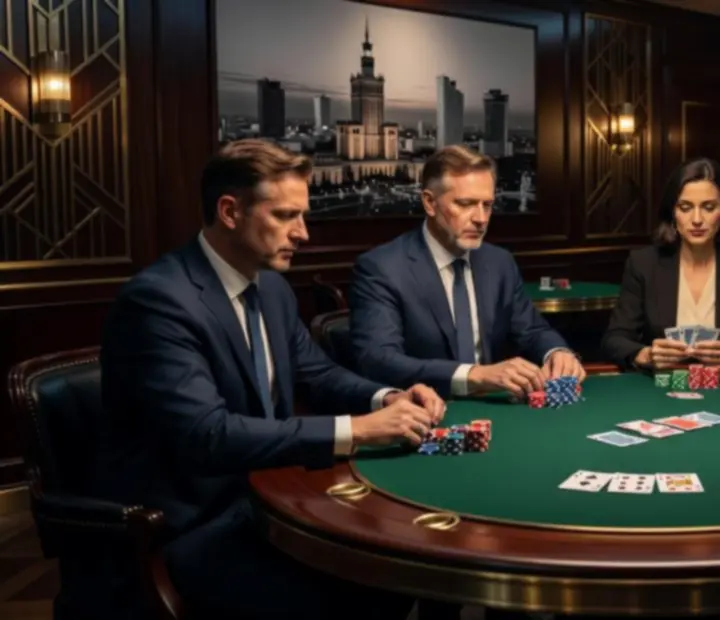 Poker Event z profesjonalnym stołem, prowadzącym dealerem i gośćmi w eleganckiej, minimalistycznej przestrzeni