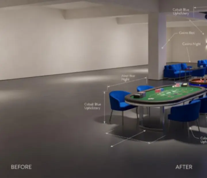 Tablica produkcyjna pokazująca układ przestrzeni eventowej przed i po zamianie w Casino Night