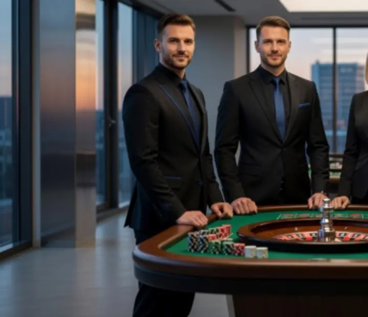 Zespół eleganckich krupierów prowadzących rozgrywkę przy stole do ruletki