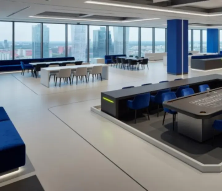 Widok z góry na nowoczesną przestrzeń eventową ze strefą ruletki, stołami i strefą lounge