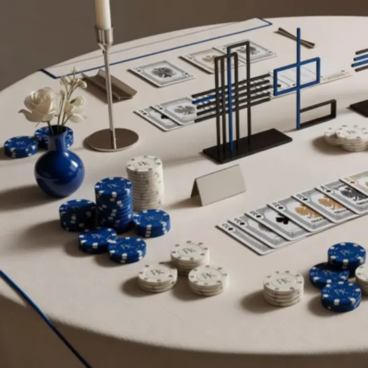 Detal dekoracji scenograficznych inspirowanych poker roomem z żetonami, kartami i grafitowymi materiałami