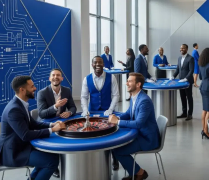 Team building z ruletką i blackjackiem w futurystycznej przestrzeni eventowej.