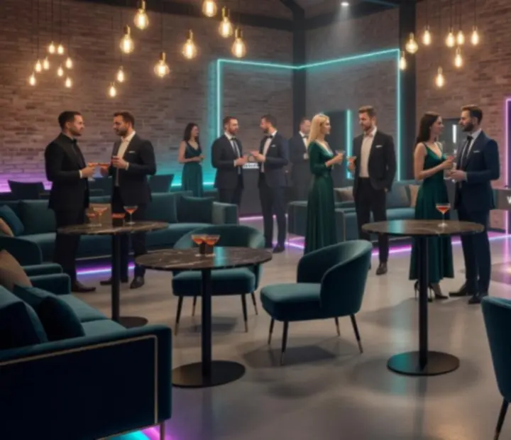 Wieczór tematyczny w stylu nowoczesnego salonu gier z minimalistyczną scenografią i stołami do gry